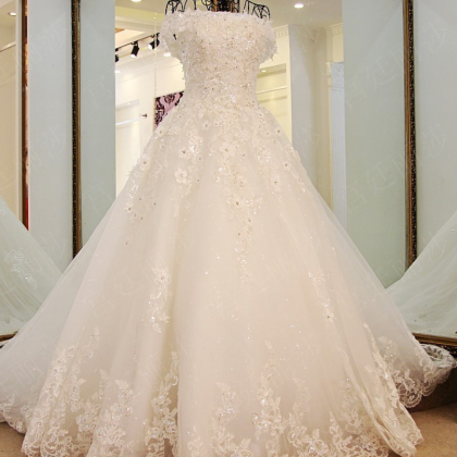 Lace Flower Crystal Beading A-line Wedding Dress..