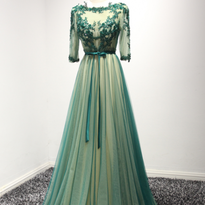 Evening Dress Delicate Lace With Beading Green..