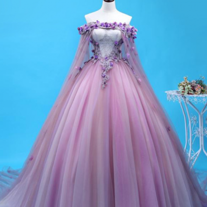 Prom Dress Sweet Purple Lace Flower Boat Neck..
