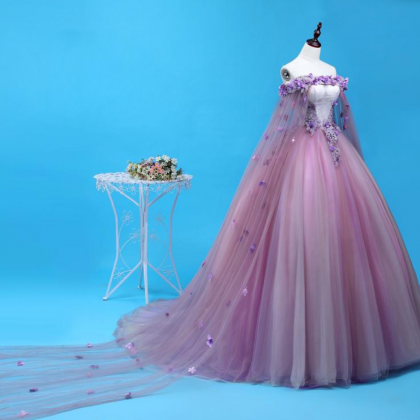 Prom Dress Sweet Purple Lace Flower Boat Neck..