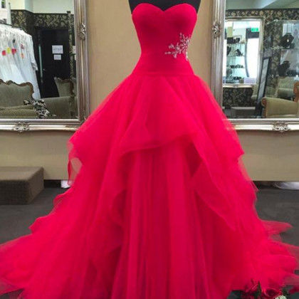 Red Sweetheart Neck Tulle Long Prom Dress, Red..