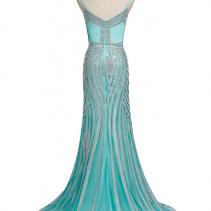 Spaghetti Strap Crystal Beaded Mermaid Long Prom..