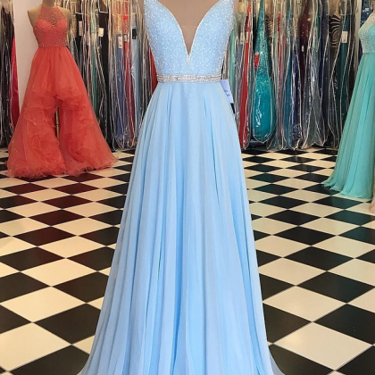 Baby Blue Prom Dress,chiffon Prom Dress, Long..
