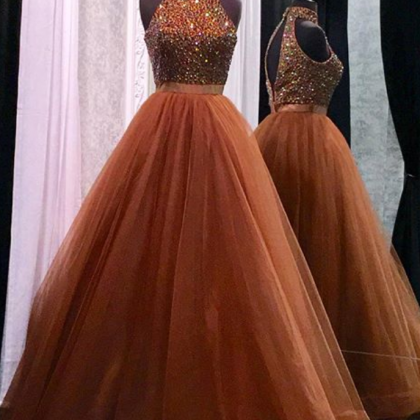 High Neck Open Back Coffee Tulle Ball Gowns Prom..