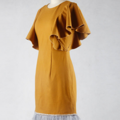 Yellow Crepe Short Feather Cocktail Dress