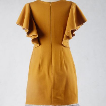 Yellow Crepe Short Feather Cocktail Dress