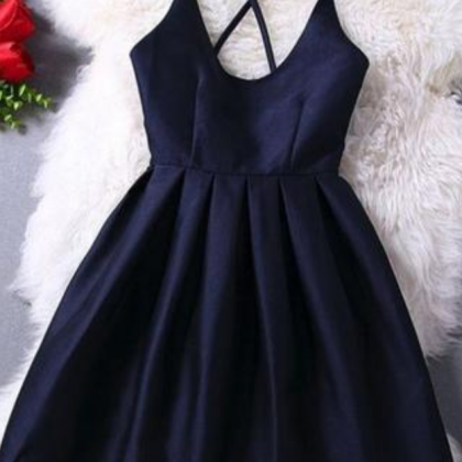 Cute Navy Blue Pleats Short Dress Fashion Vestido..