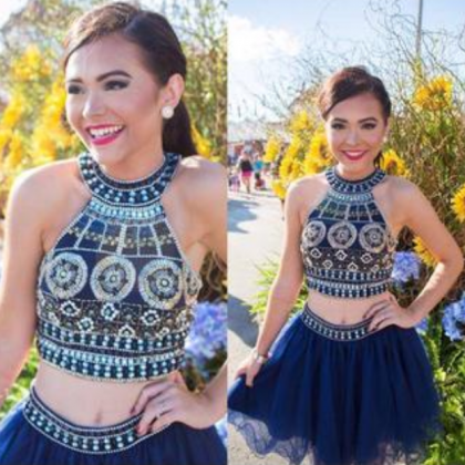 Cute Two Pieces Halter Royal Blue Tulle Beading..