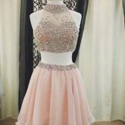 Two Pieces Halter Cute Mini Blush Pink Sexy Short..
