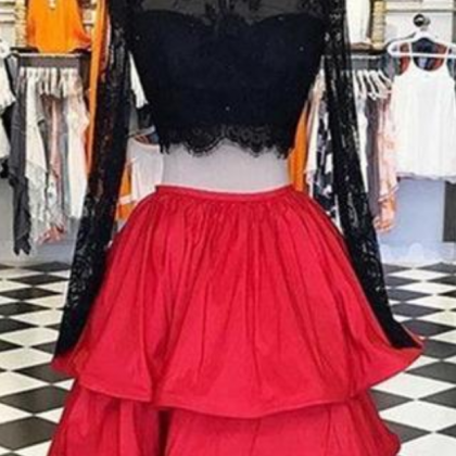 Beautiful Red Satins Black Lace Long Sleeves Two..