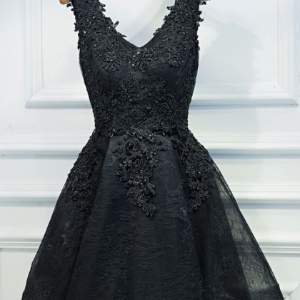 Sexy Black Short Prom Dress, Black Lace Party..