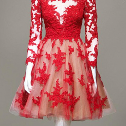 Real Made Red Lace O-neck Homecoming Dresses ,long..