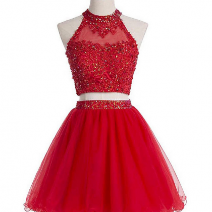 High Neck Red Homecoming Dress With Beads And..