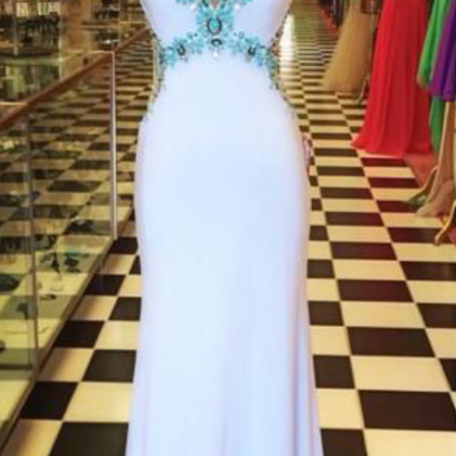 V-neck Turquoise Beaded White Prom Dress,long..