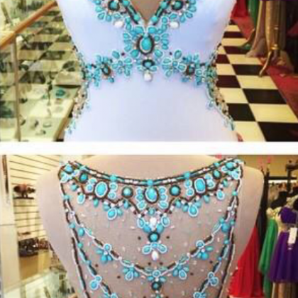V-neck Turquoise Beaded White Prom Dress,long..