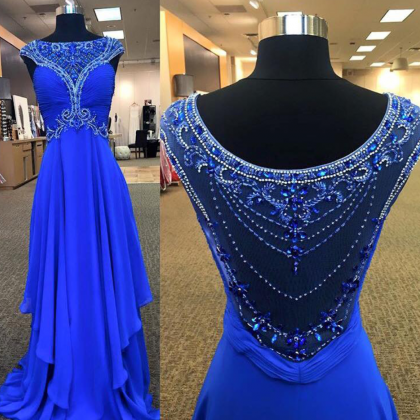 Royal Blue Chiffon With Beaded Prom Dresses,long..