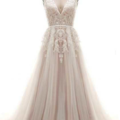 Elegant A-line Wedding Dress - V-neck Chapel Train..