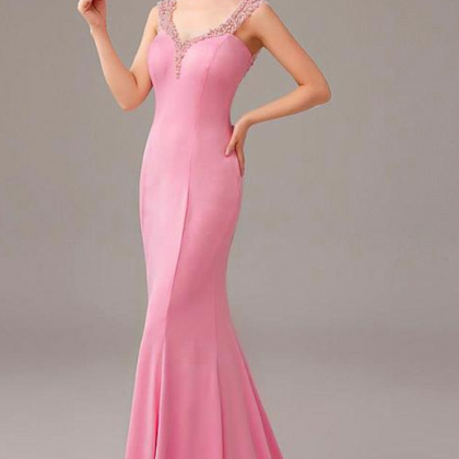 Mermaid Pink Satin Prom Dresses, Pearls Beaded..