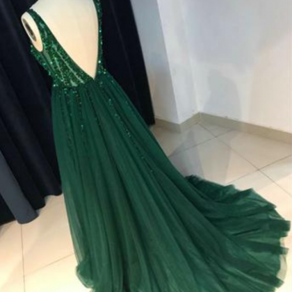 Dark Green Tulle Prom Dress, Backless V Neck Long..