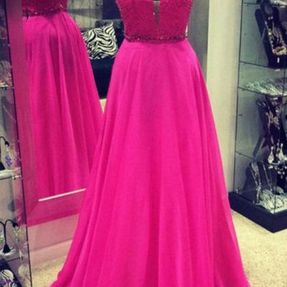 Gorgeous A-line Long Chiffon V-neck Pink Prom..
