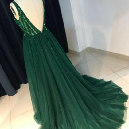 Dark Green Tulle Prom Dress, Backless V Neck Long..
