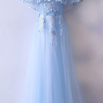 Sheer Neck Tulle Long Baby Blue Prom Dresses With..