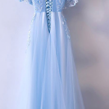 Sheer Neck Tulle Long Baby Blue Prom Dresses With..