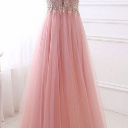 Pink V-neck Beading Long Tulle Prom Dresses,party..