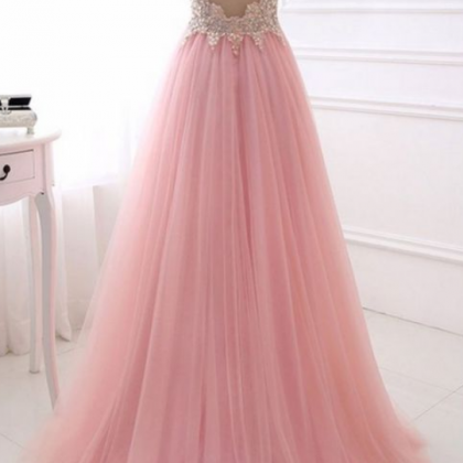 Pink V-neck Beading Long Tulle Prom Dresses,party..
