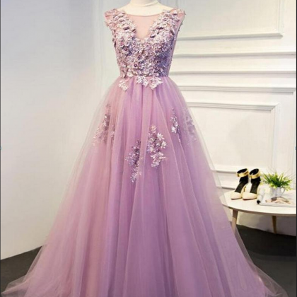 Pink Lace Beaded A Line Tulle Evening Prom..