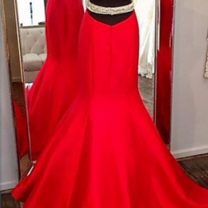 Red Crystal Backless Mermaid Prom Dresses