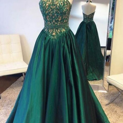 Elegant Halter Green Satin Long Prom Dress With..