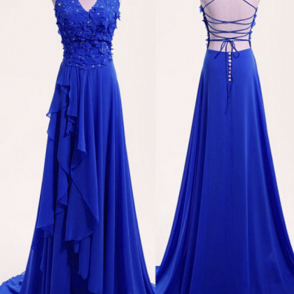 High Quality Blue Chiffon V-neckline Party Dress,..