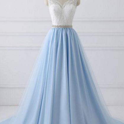 Blue Long Satin And Lace Elegant Prom Dress,..