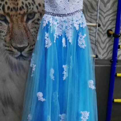 Blue A-line Prom Dress, Beaded And Applique..