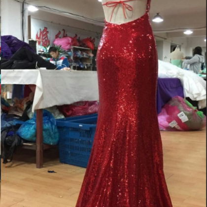 Spaghetti Straps Evening Dress,red Sequins Prom..
