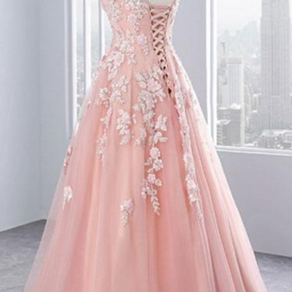 Pink V Neck Tulle Lace Long Prom Dress, Pink..