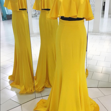 Two Piece Yellow Long Prom Dress With Ruffle,prom..