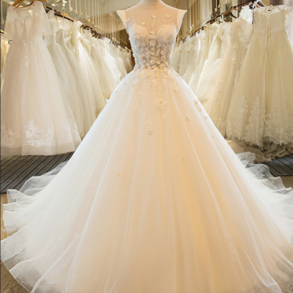 Lace Wedding Gown , A-line Bridal Dress, Applique..