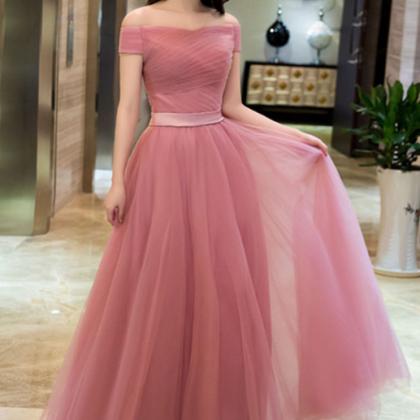 Elegant Pink A Line Off Shoulder Prom..