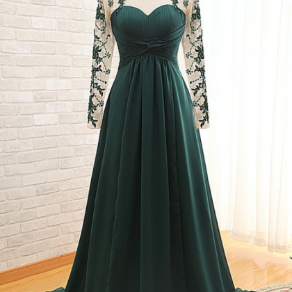 Green Sheer Long Sleeved Ruched A-line Long Prom..