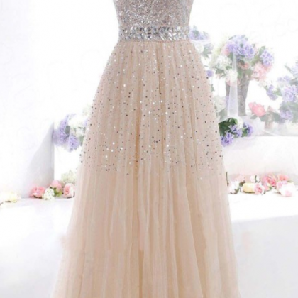 Long Champagne Prom Dresses With Beaded Sweetheart..