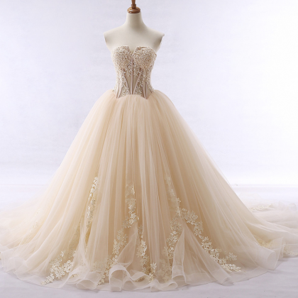Sexy Long Lace Applique Champagne Tulle Prom..