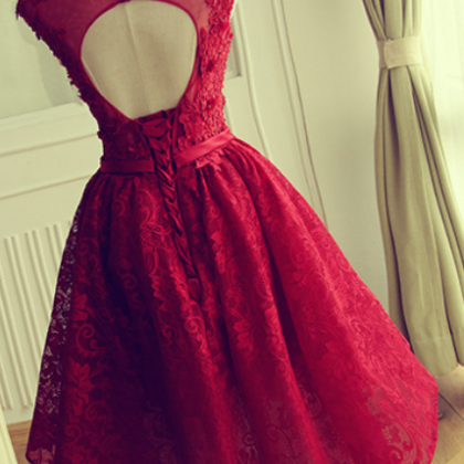 Keyhole Back Red Lace Bridesmaid Dress,short Lace..