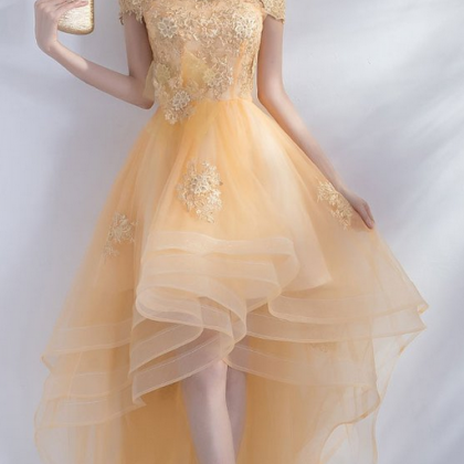 Cute Champagne, Tulle ,high Low Prom Dress,..