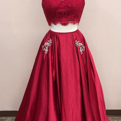 Dark Red Two Pieces Prom Dress, Formal Prom Gown,..