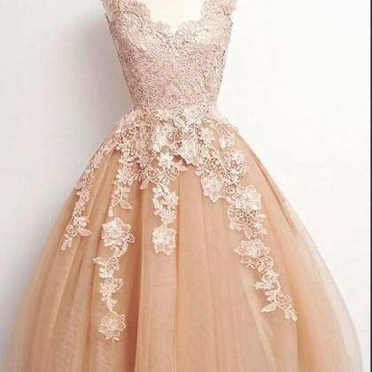 Champagne Ball Gown Lace Homecoming Dresses,v Neck..