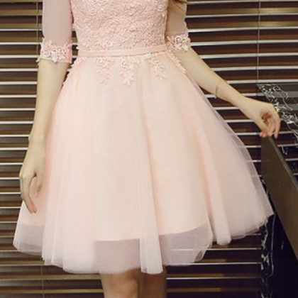 Pink Prom Dress,short Sleeve Prom Dress,short Prom..