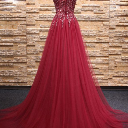 Burgundy Sequins Tulle Puff Sleeve Beading Evening Prom Dress