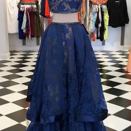 Dark Blue Lace Two Pieces Long Prom Dress, Dark..